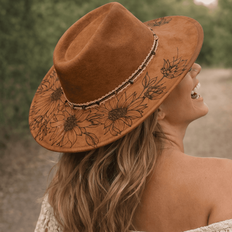 Sunflower Reverie Hand-Burnt Wide Brim Hat
